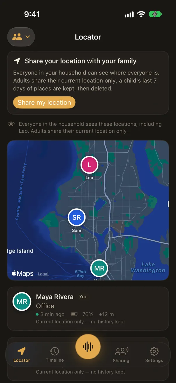 Compound iPhone app, Family Locator: Maya, Sam and Leo as pins on a city map, with how fresh each location is. Sample data.