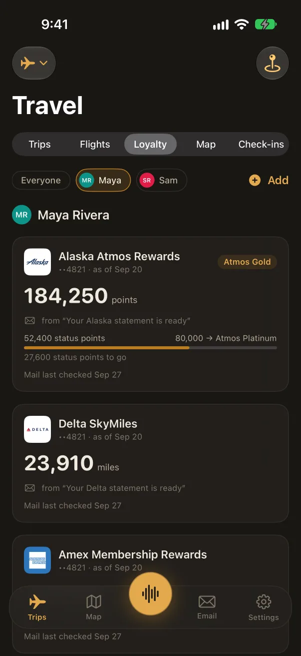 Compound iPhone app, Travel, Loyalty: Maya's Alaska, Delta and Amex Membership Rewards balances, with status progress toward the next tier. Sample data.