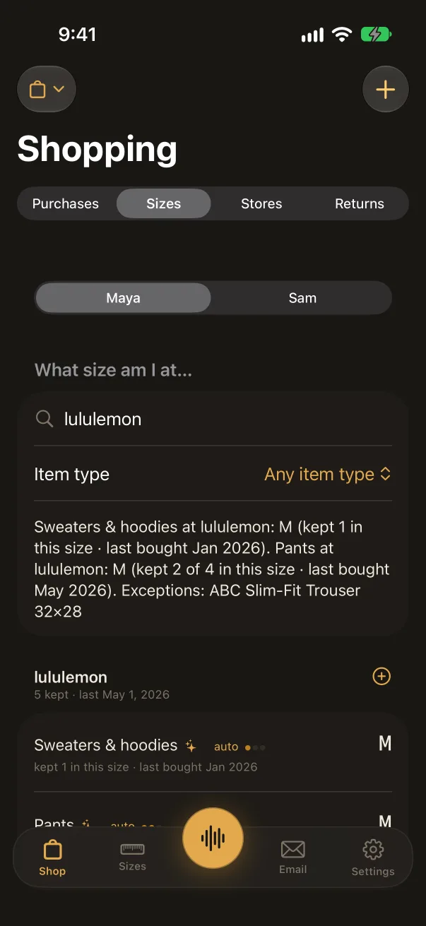 Compound iPhone app, Shopping, Sizes: a search for lululemon shows Maya is an M in sweaters and pants, except the ABC Slim-Fit Trouser at 32×28. Sample data.