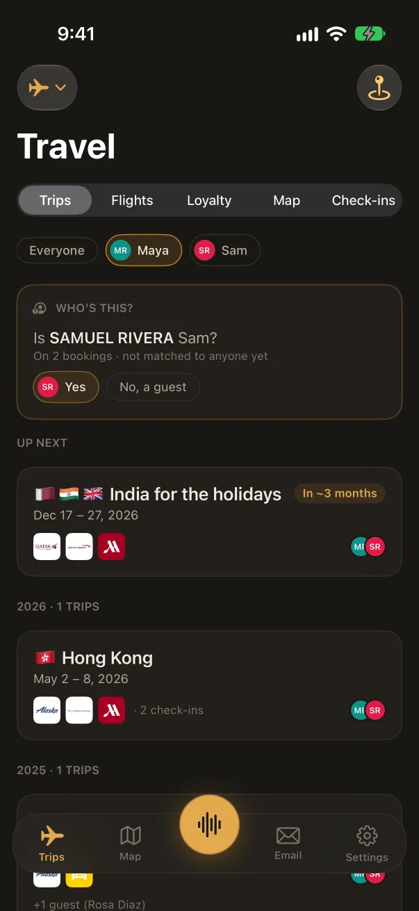 Compound iPhone app, Travel, Trips: an upcoming India trip for Maya and Sam with airline and hotel logos, and past trips below. Sample data.